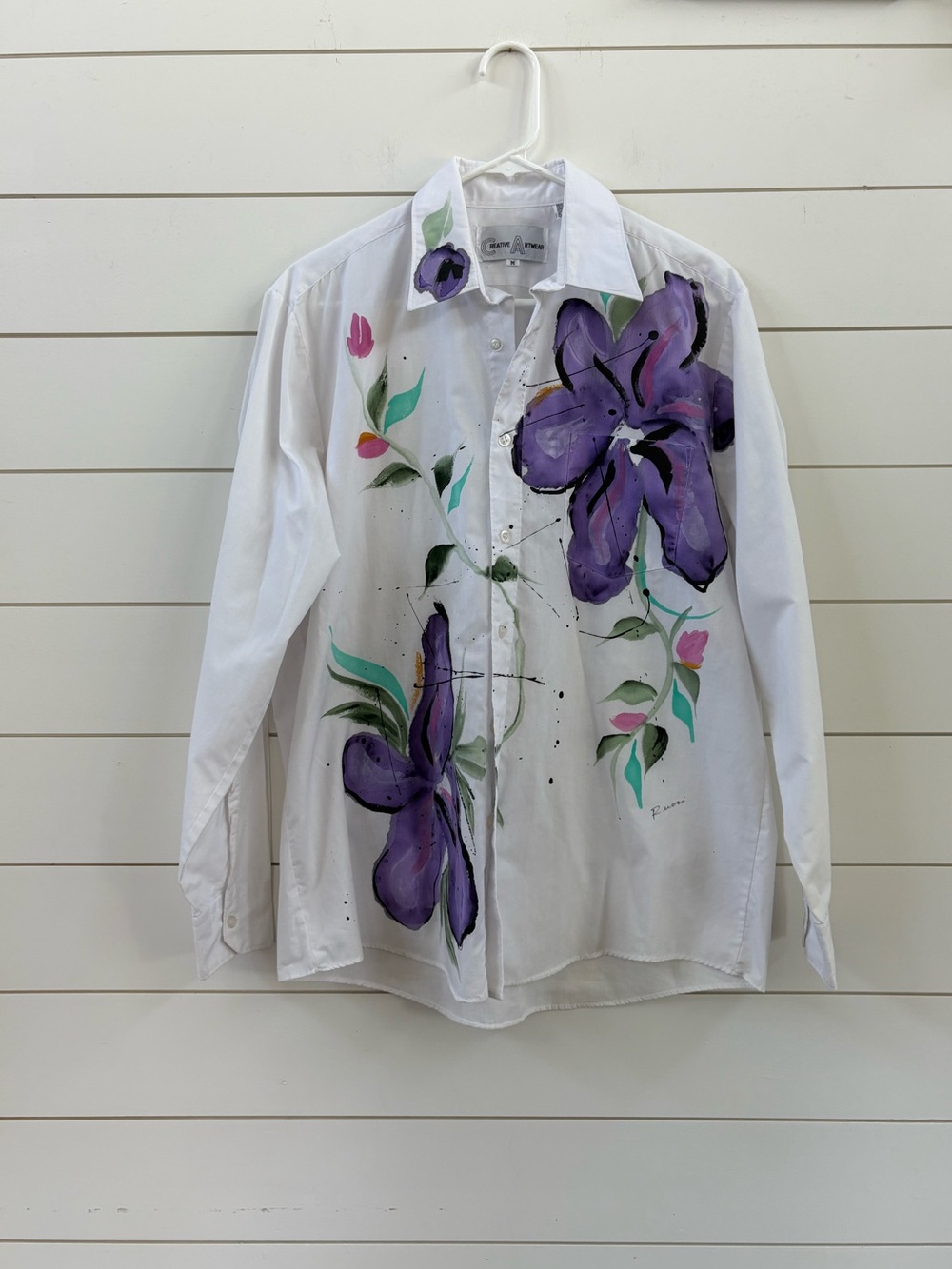 Women's White Button-Down Shirt with Hand-Painted Floral Design